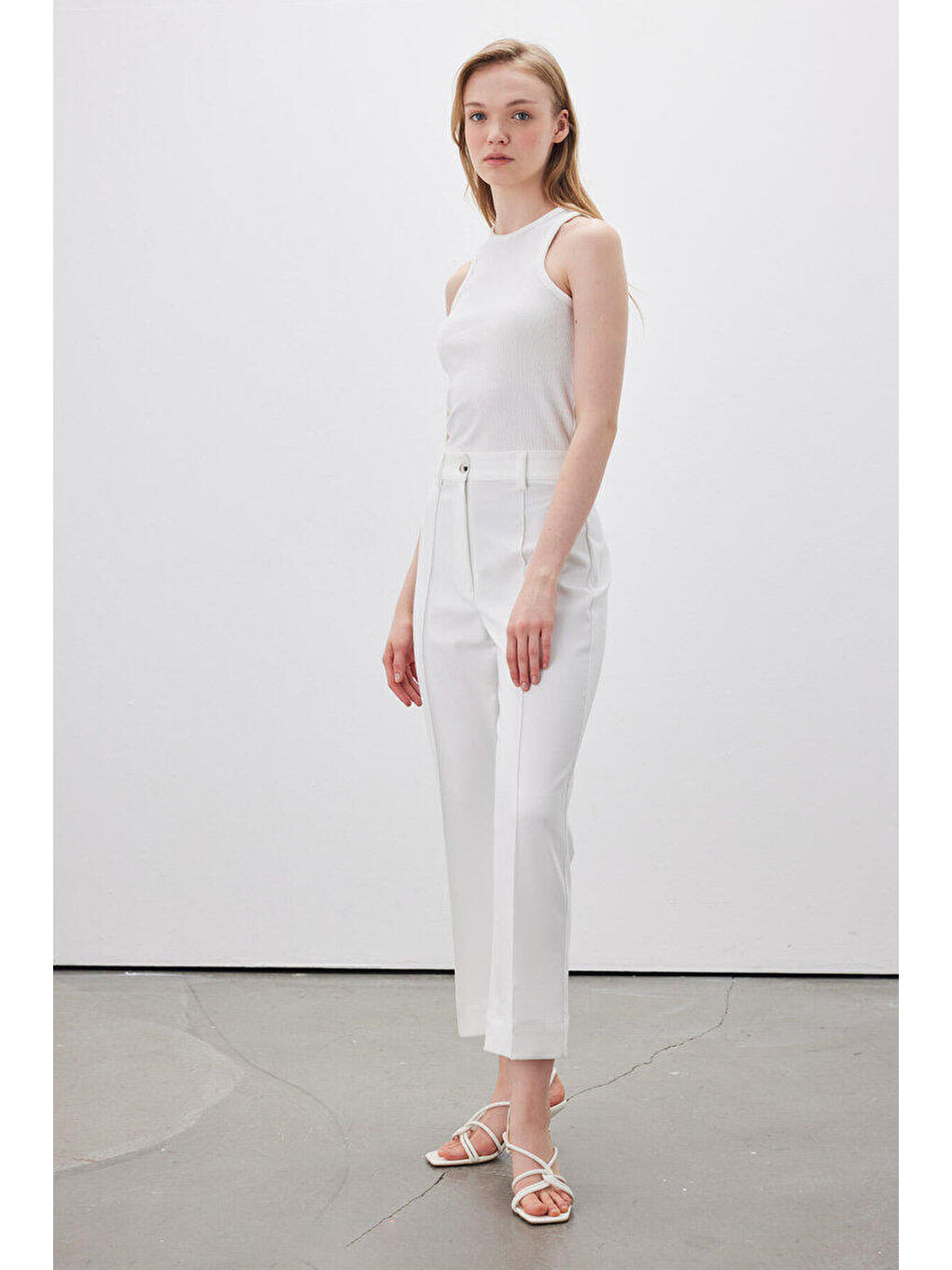 Beyaz DÜZ KESİM KUMAŞ PANTOLON OFF WHITE-4