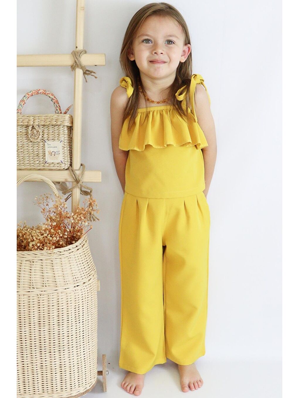 Kız Bebek Ruffle Sarı Fırfırlı Bluz Pantolon Alt Üst Takım-2