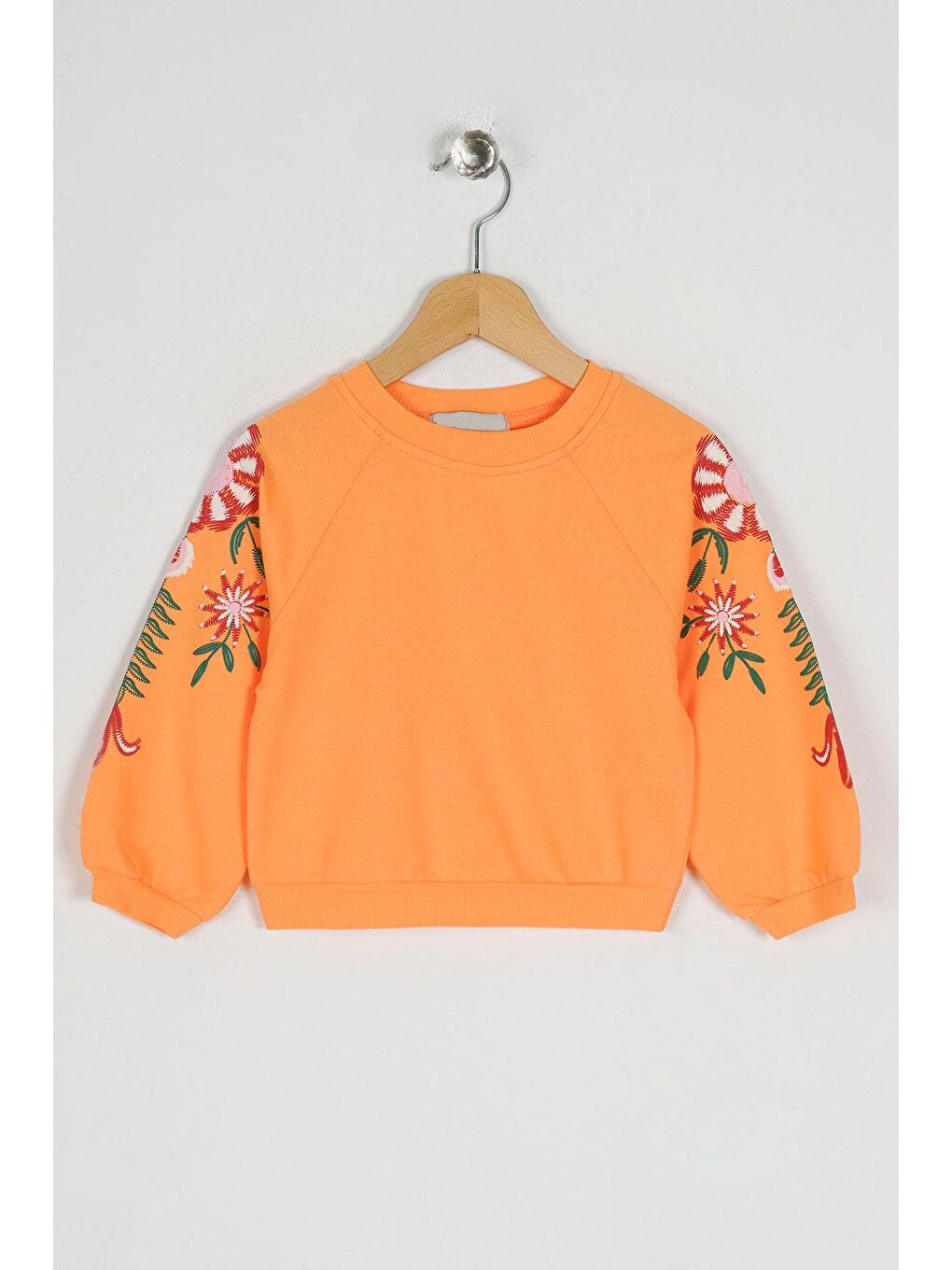 Pembe Bisiklet Yaka Çiçek Baskılı Kız Çocuk Sweatshirt