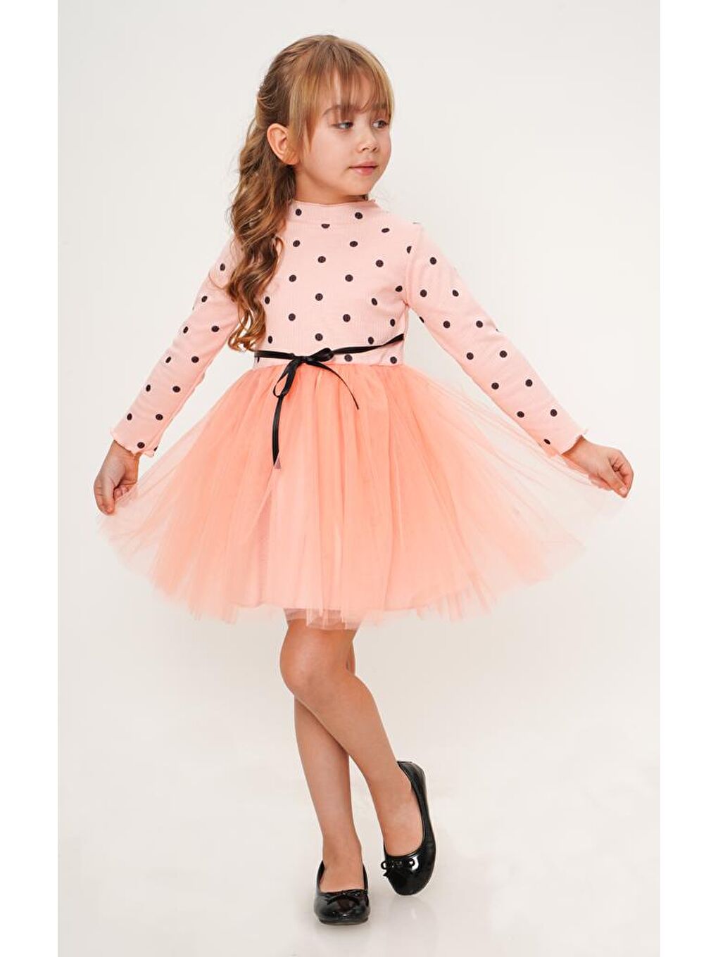 Pembe Kız Puantiyeli Tütülü Günlük Elbise MNK0416-9