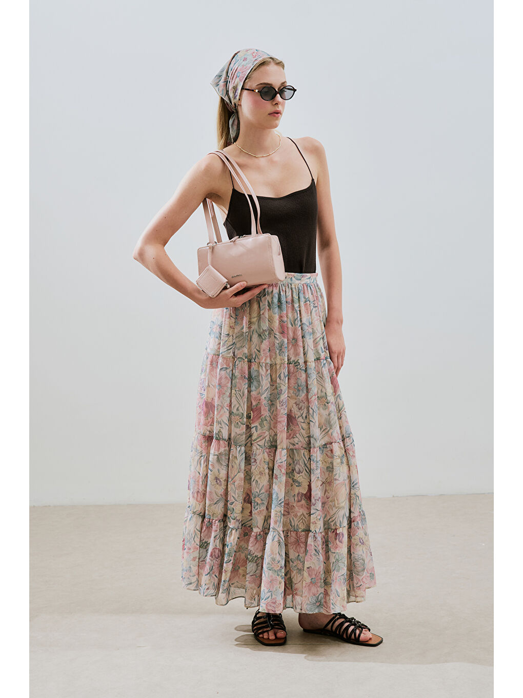 Pembe Uzun Büzgülü Şifon Etek Pastel Floral-5