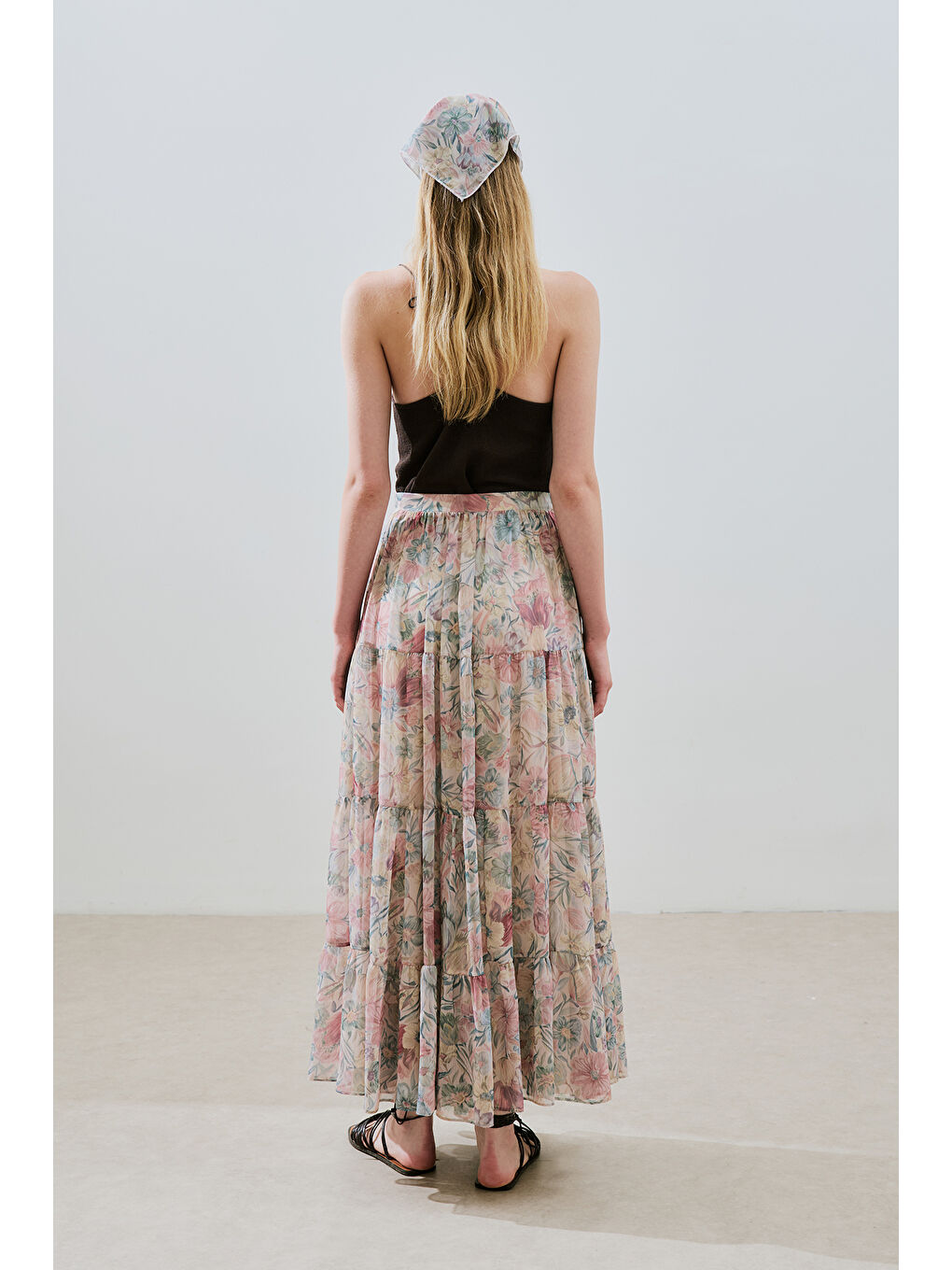 Pembe Uzun Büzgülü Şifon Etek Pastel Floral-6