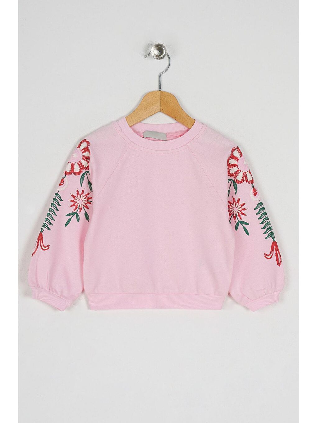 Pembe Bisiklet Yaka Çiçek Baskılı Kız Çocuk Sweatshirt