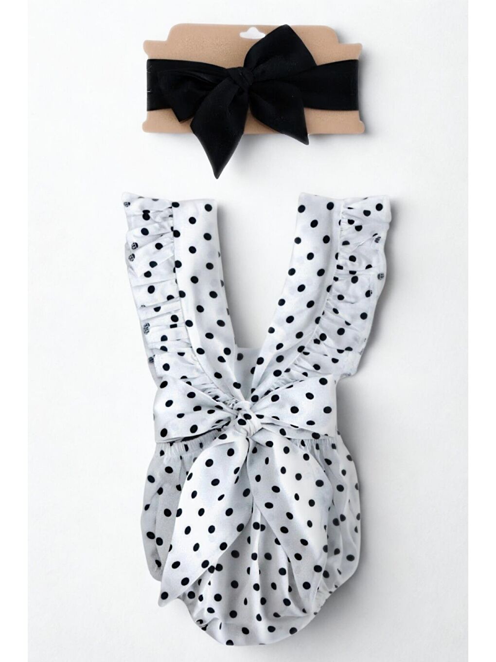 Siyah Kız Bebek Bliss Pamuklu Puantiyeli Salopet Bandana Takım