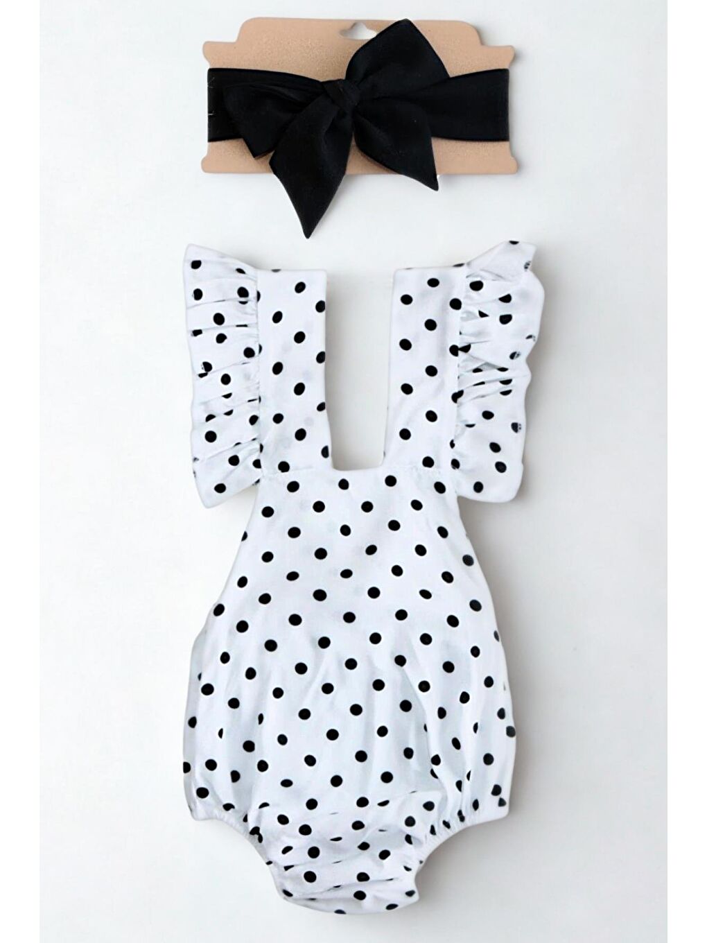 Siyah Kız Bebek Bliss Pamuklu Puantiyeli Salopet Bandana Takım-1