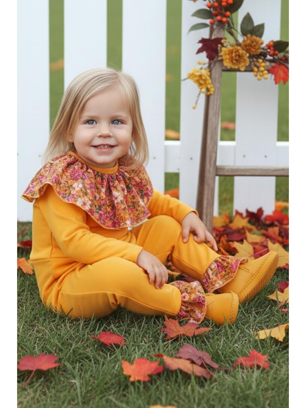 Sarı Kız Bebek Lotus Hardal Çiçekli Uzun Kollu Çıtçıtlı Yakalı Tulum-1