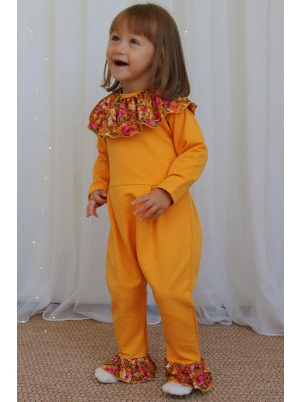 Sarı Kız Bebek Lotus Hardal Çiçekli Uzun Kollu Çıtçıtlı Yakalı Tulum-2
