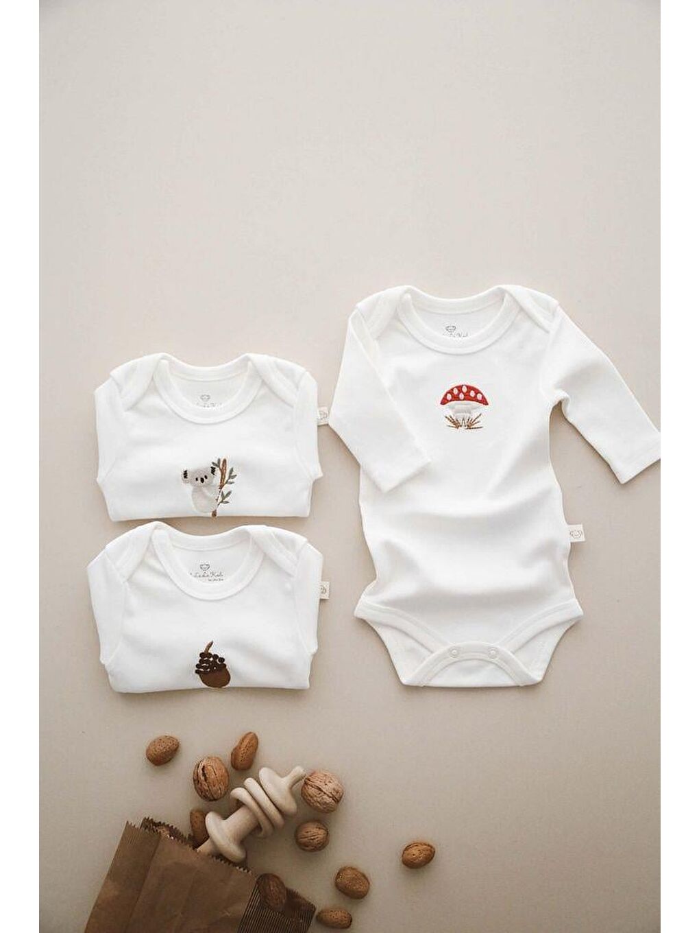 Beyaz 3Lü Nakışlı Çıt Çıtlı Uzun Kollu Body-Zıbın Model 1-1