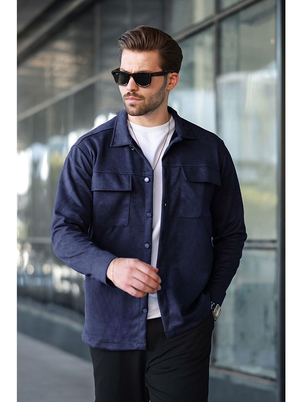 Lacivert Cep Detaylı Gömlek Yaka Ceket 6748