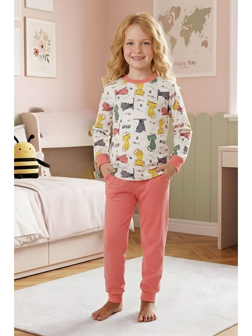 Pembe Kız Çocuk %100 Pamuk Pijama Takımı 4-11 Yaş 12628-1