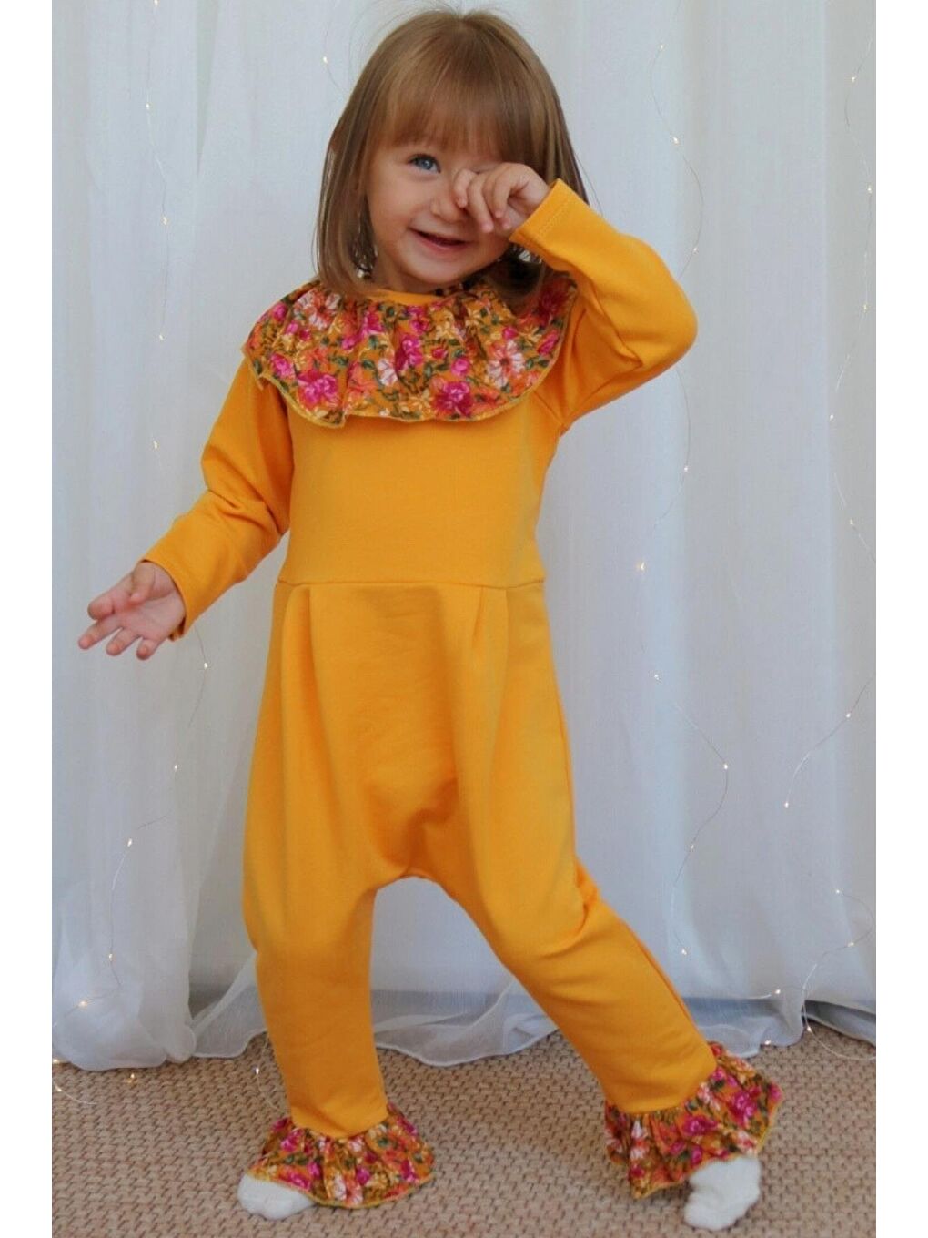 Sarı Kız Bebek Lotus Hardal Çiçekli Uzun Kollu Çıtçıtlı Yakalı Tulum-3