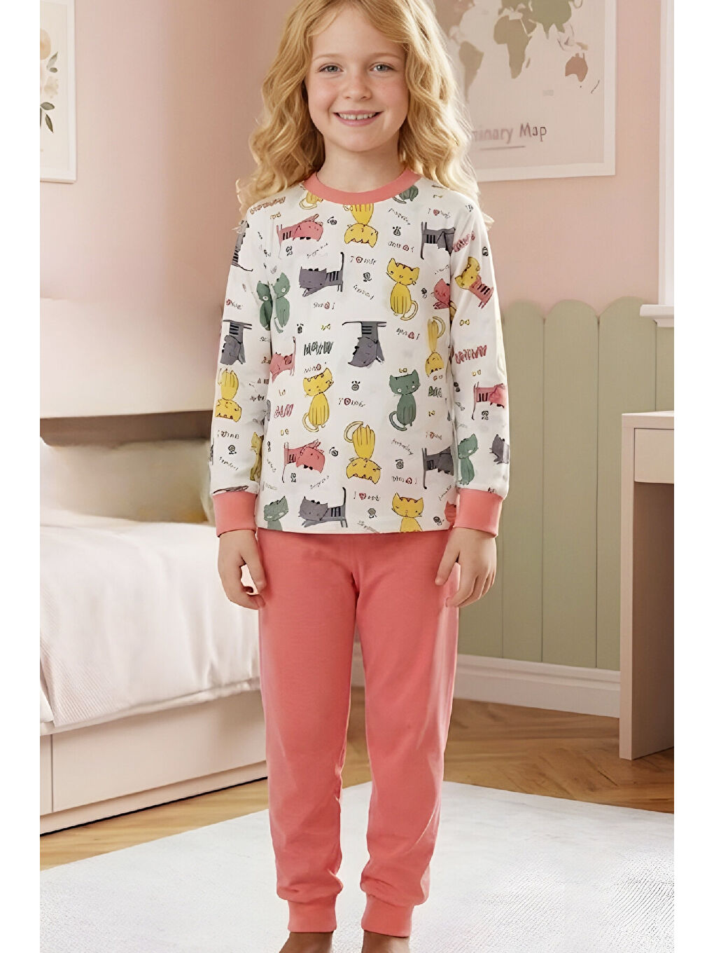 Pembe Kız Çocuk %100 Pamuk Pijama Takımı 4-11 Yaş 12628-2