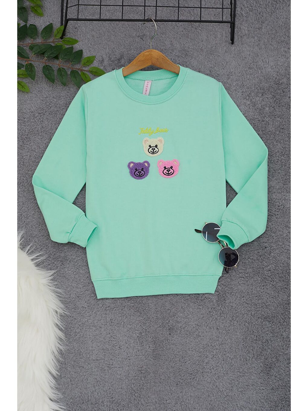 Yeşil Ayıcık Nakışlı Kız Çocuk Kız Çocuk Sweatshirt 17198