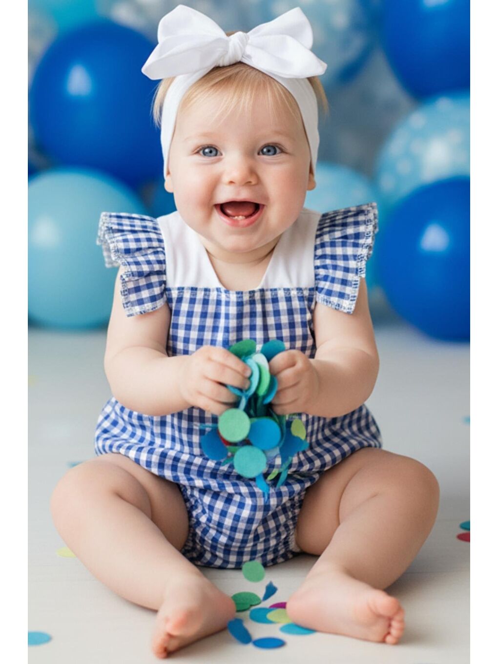 Mavi Kız Bebek Rare Pamuklu Pötikare Salopet Bandana Takım