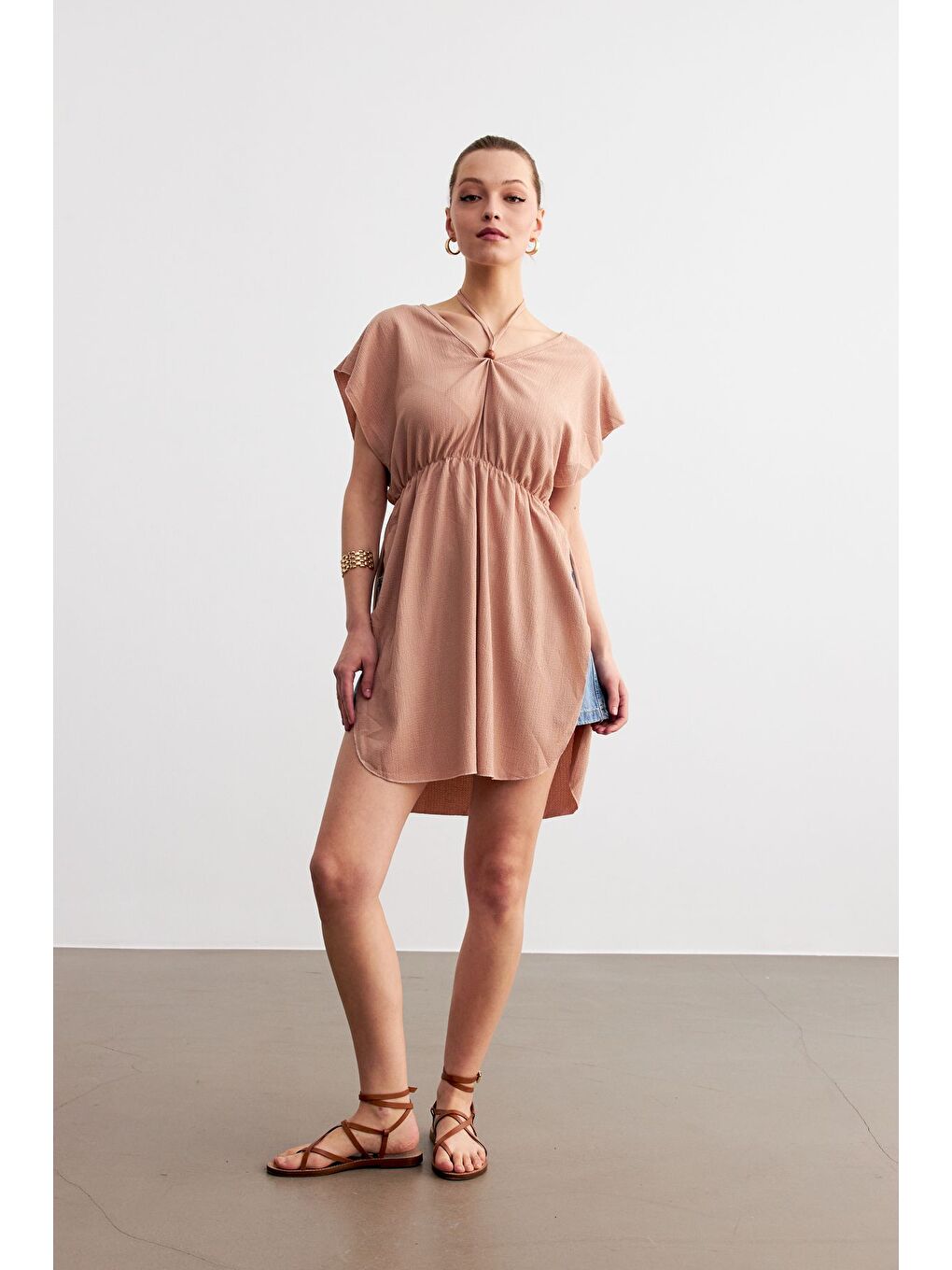 Kahverengi Kadın Camel V Yaka İpli Pareo-1