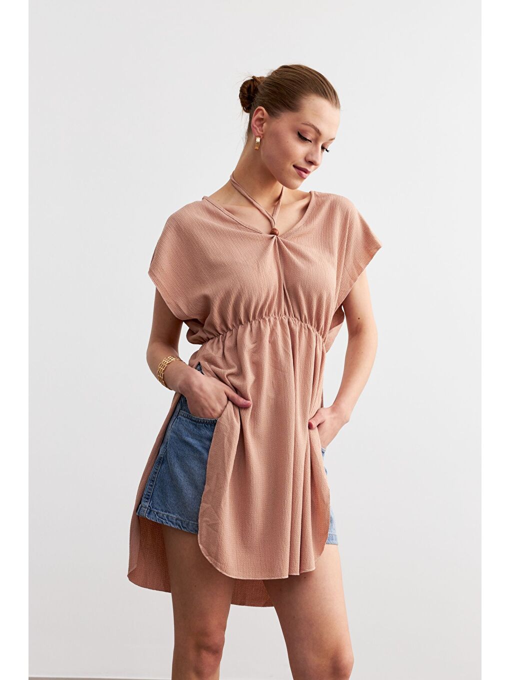 Kahverengi Kadın Camel V Yaka İpli Pareo-3