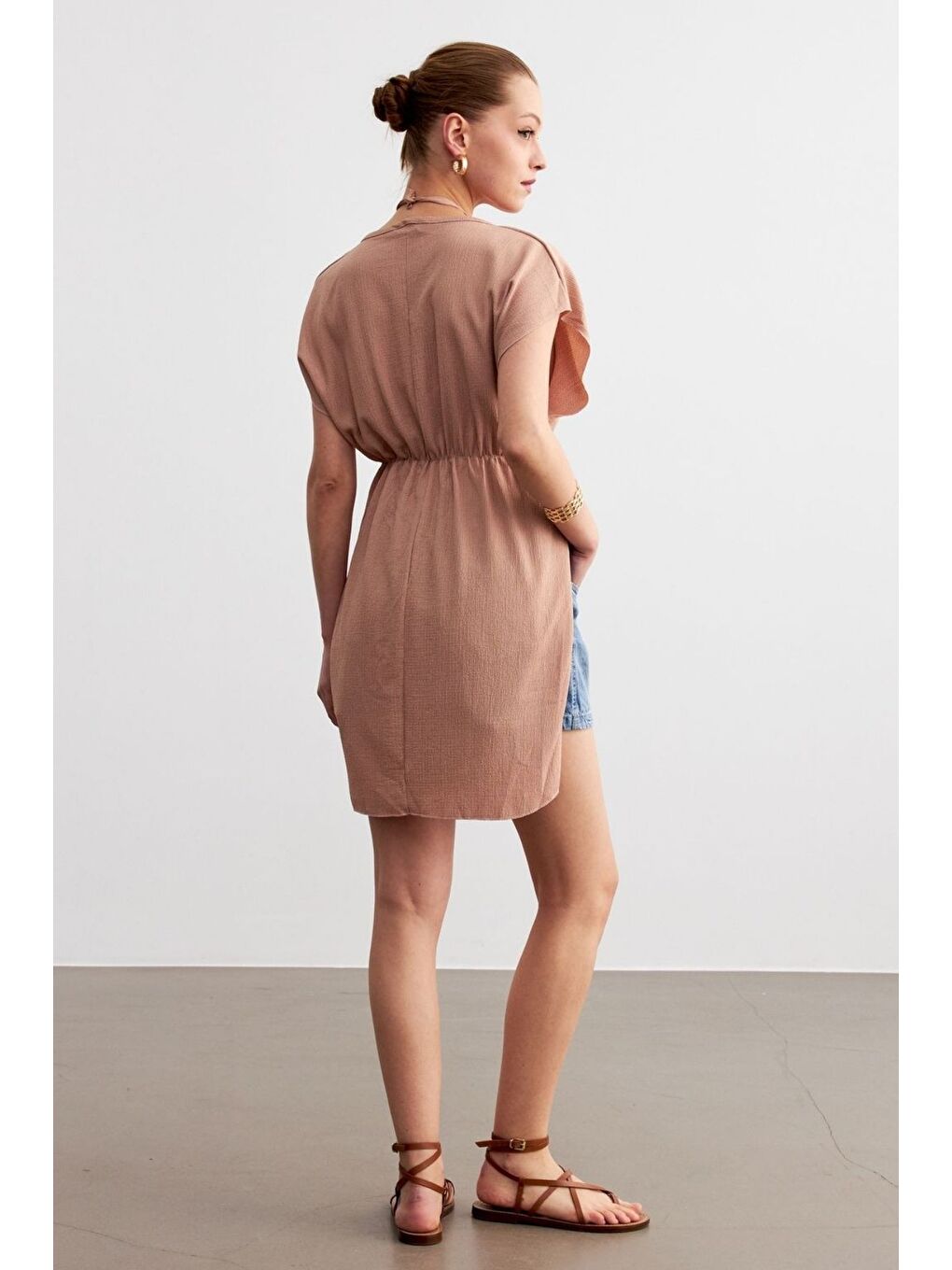 Kahverengi Kadın Camel V Yaka İpli Pareo-4