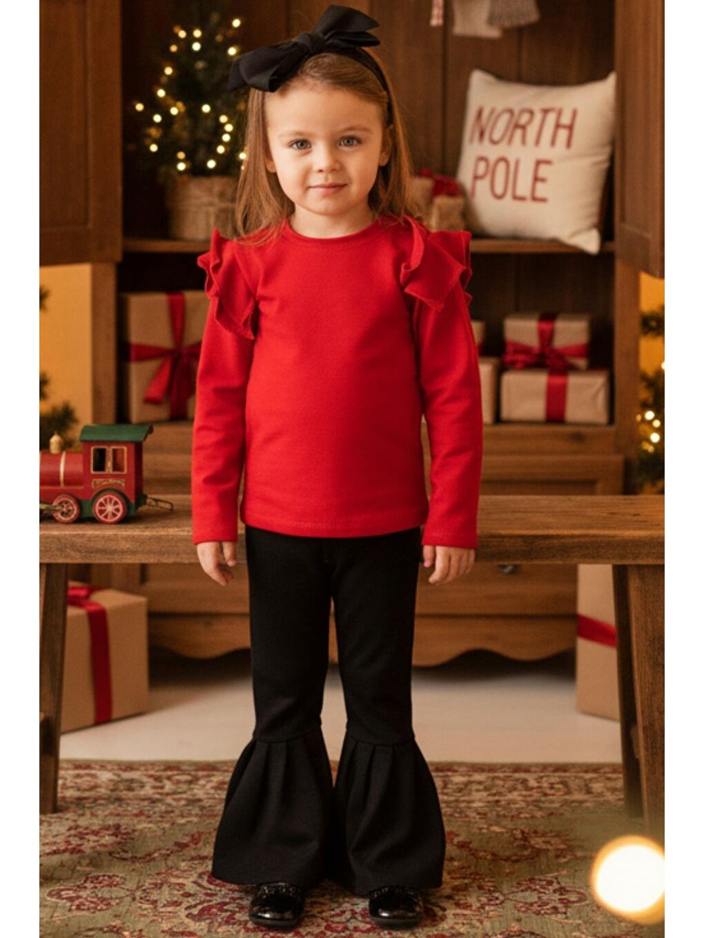 Kız Bebek Coco Kırmızı Fırfırlı Uzun Kollu İspanyol Alt Üst Eşofman Takım