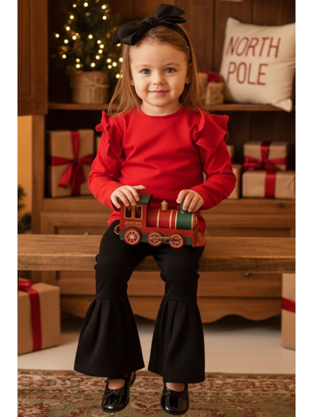 Kız Bebek Coco Kırmızı Fırfırlı Uzun Kollu İspanyol Alt Üst Eşofman Takım-1