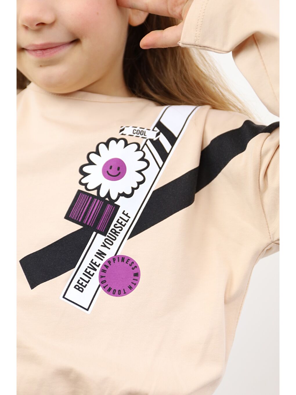 Bej Kız Çocuk Baskılı Tişört-1