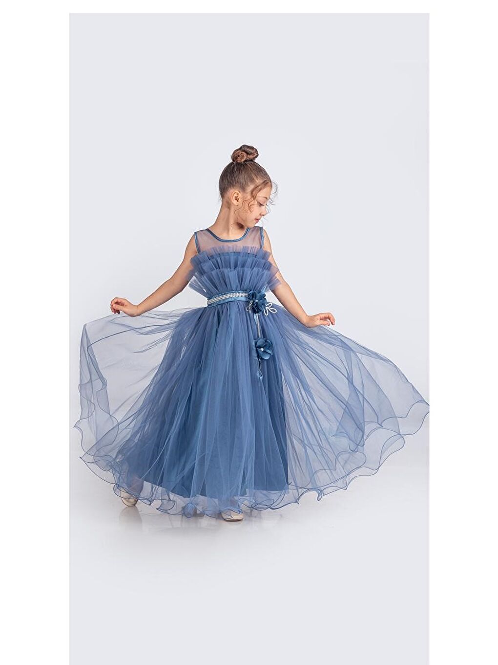 İndigo Kız Çocuk Robası Katlı Özel Abiye Elbise MNK0475-8