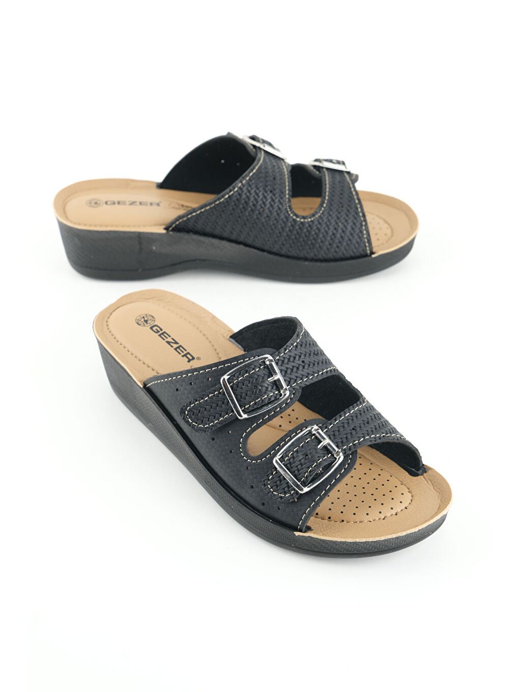 Siyah Kadın Yazlık Suni Deri Yüksek Topuk İki Toka Ayarlanabilir Rahat Taban Günlük Terlik