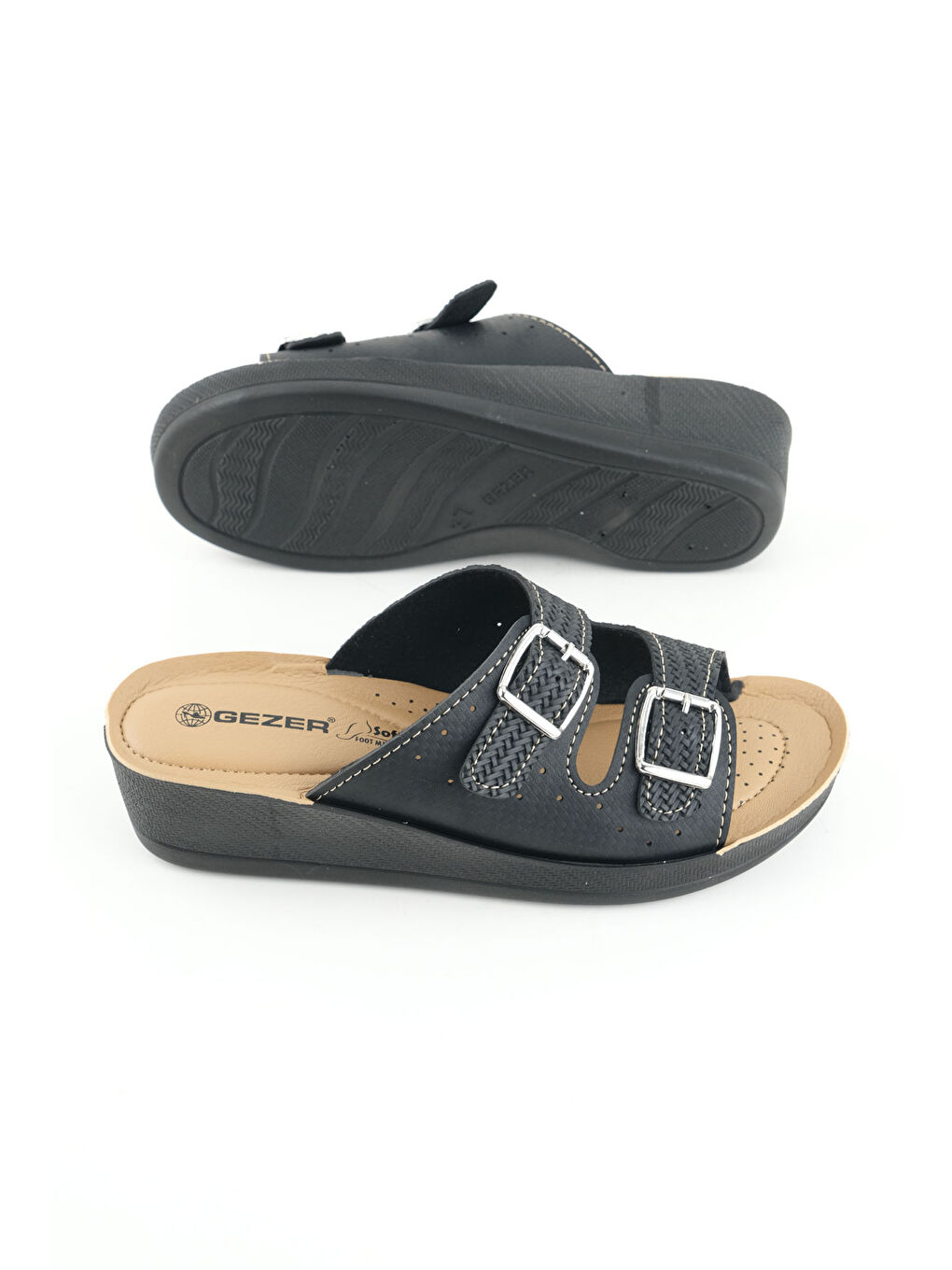 Siyah Kadın Yazlık Suni Deri Yüksek Topuk İki Toka Ayarlanabilir Rahat Taban Günlük Terlik-4