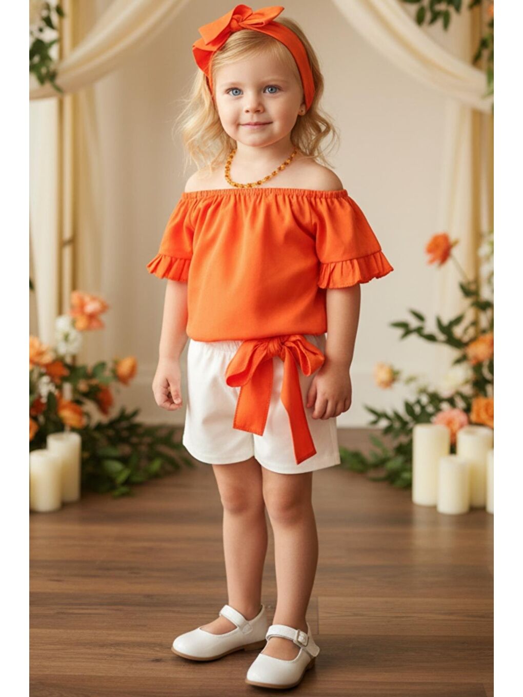 Kız Bebek Sunny Turuncu Madonna Yaka Şortlu Bandana Alt Üst Takım