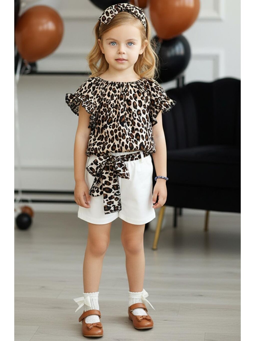 Kahverengi Kız Bebek Viskon Leopar Madonna Yaka Şortlu Bandana Alt Üst Takım