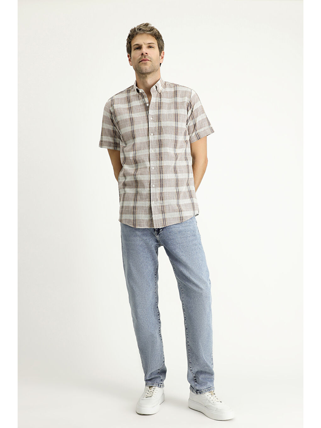 Kahverengi Kısa Kol Regular Fit Ekose Spor Pamuk Düğmeli Yaka %100 Pamuk Gömlek-1