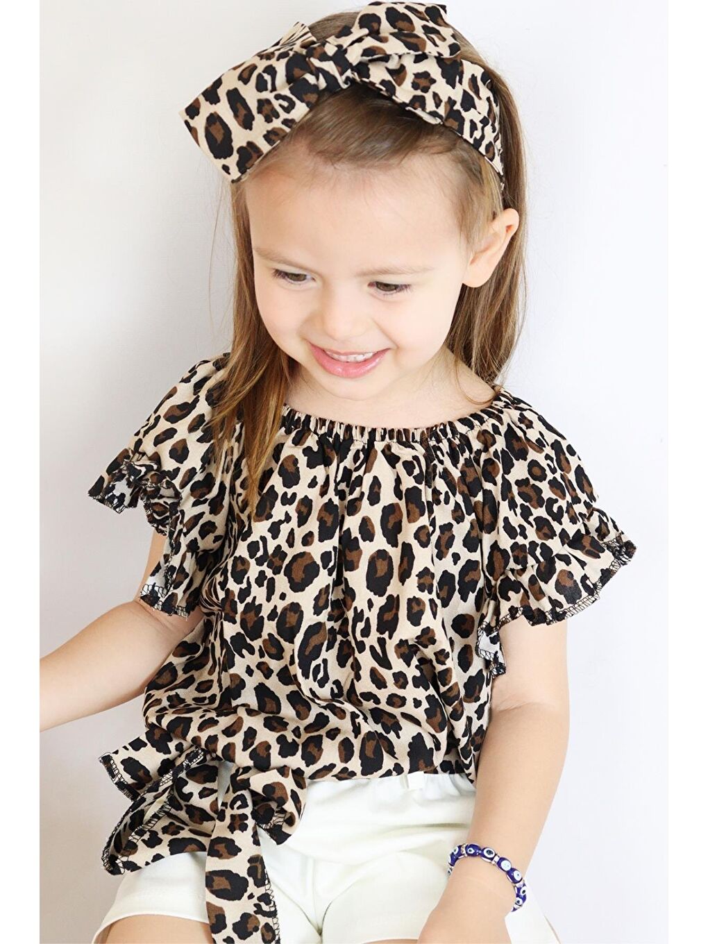 Kahverengi Kız Bebek Viskon Leopar Madonna Yaka Şortlu Bandana Alt Üst Takım-2