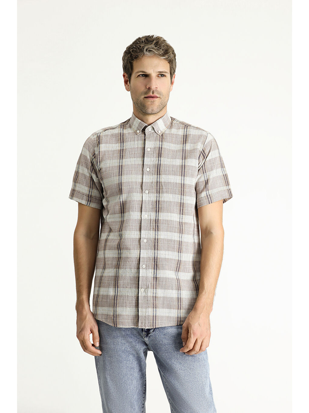 Kahverengi Kısa Kol Regular Fit Ekose Spor Pamuk Düğmeli Yaka %100 Pamuk Gömlek-2