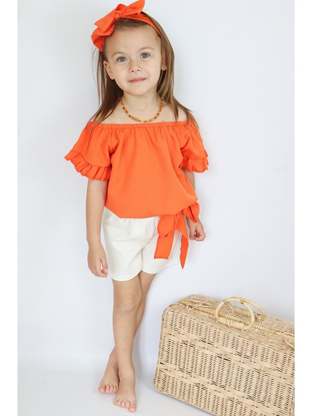 Kız Bebek Sunny Turuncu Madonna Yaka Şortlu Bandana Alt Üst Takım-3