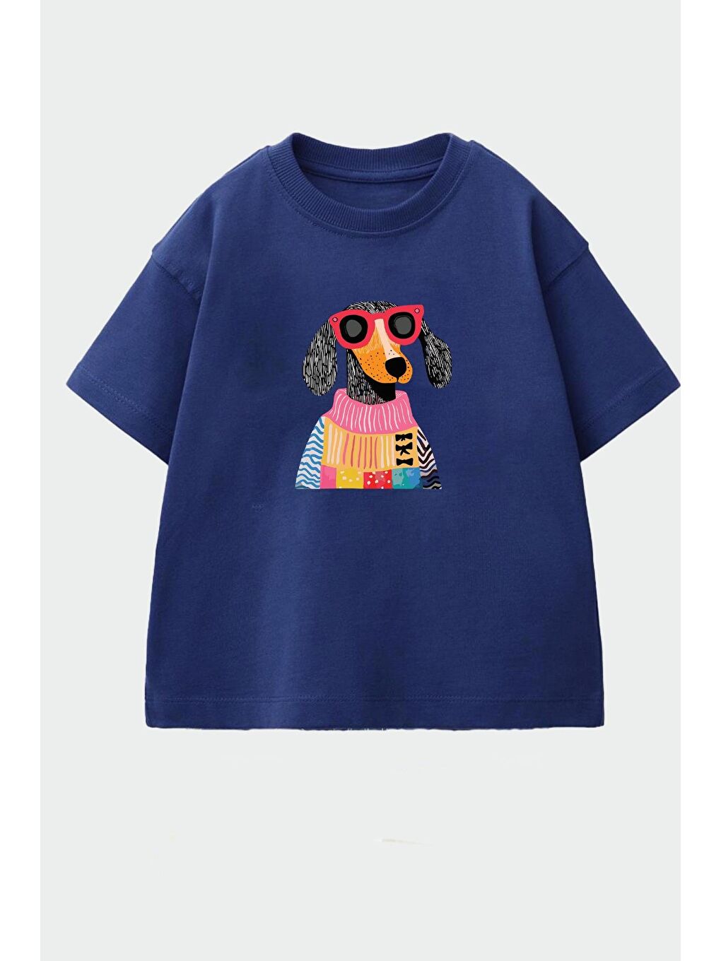 Lacivert Kız Çocuk Köpek Baskılı Pamuklu Bisiklet Yaka T-Shirt-1