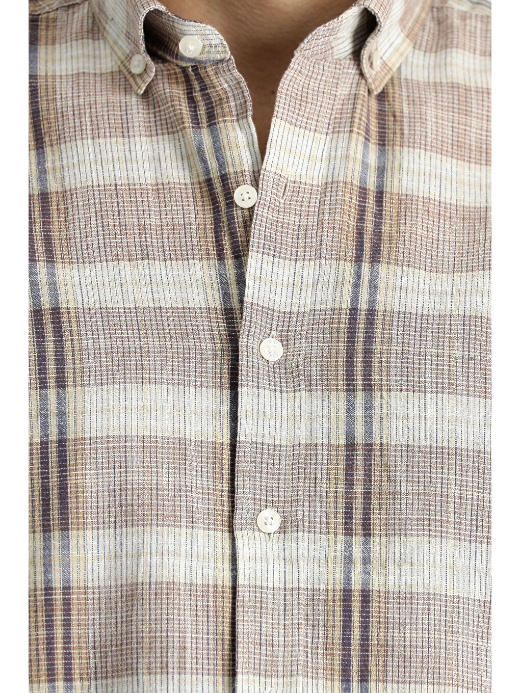 Kahverengi Kısa Kol Regular Fit Ekose Spor Pamuk Düğmeli Yaka %100 Pamuk Gömlek-4