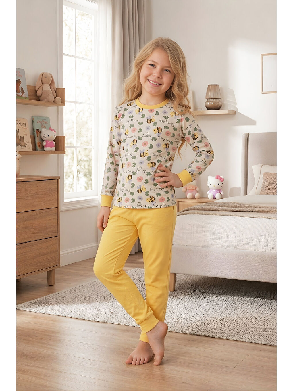 Sarı Kız Çocuk %100 Pamuk Pijama Takımı 4-11 Yaş 12628