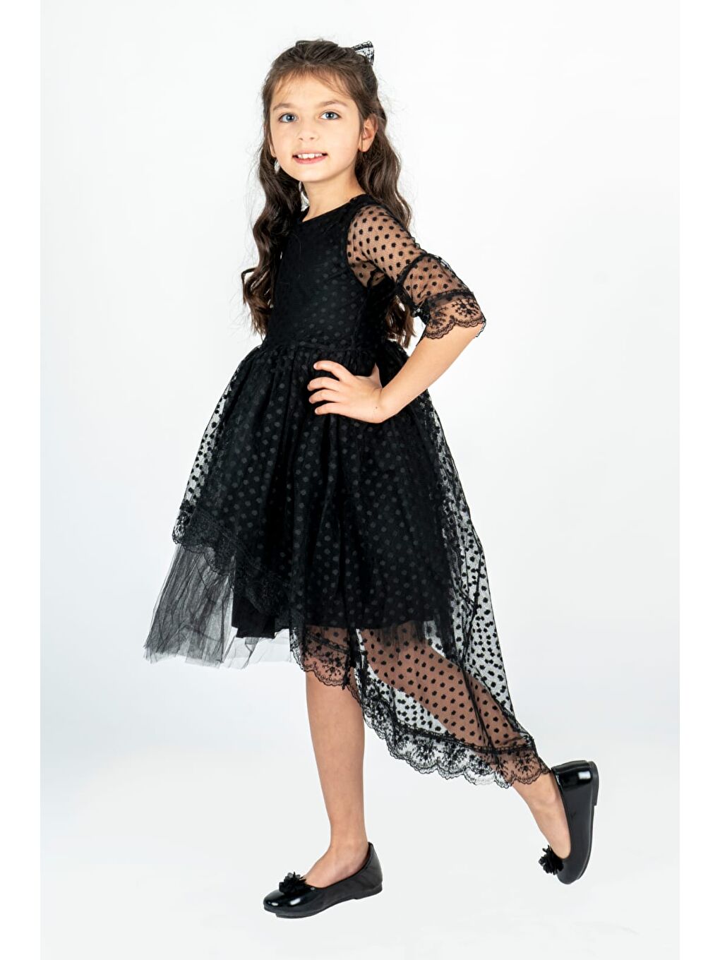 Siyah Kuyruklu Model Kız Çocuk Dantel Elbise MNK0482