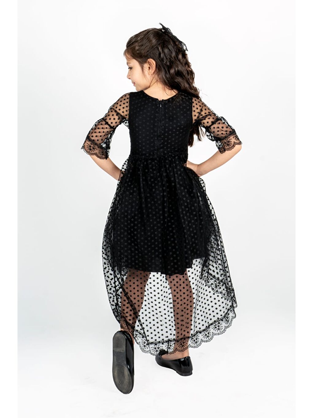 Siyah Kuyruklu Model Kız Çocuk Dantel Elbise MNK0482-3