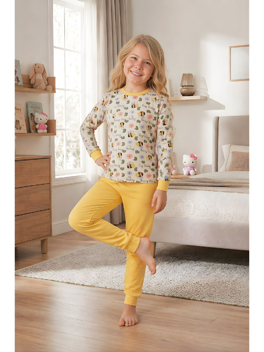 Sarı Kız Çocuk %100 Pamuk Pijama Takımı 4-11 Yaş 12628-1