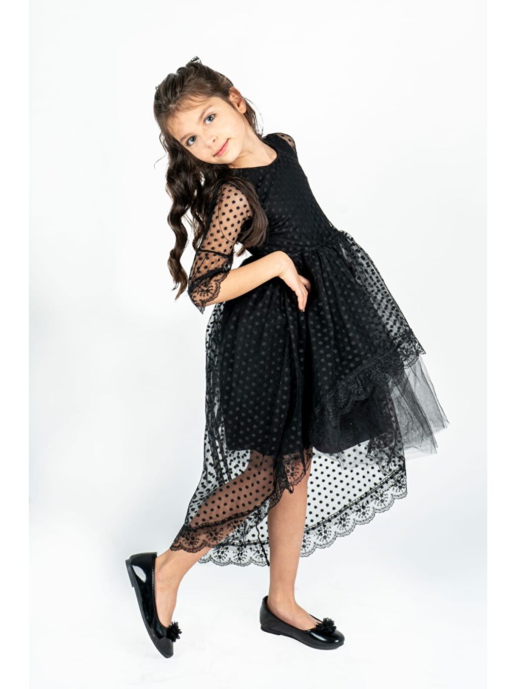 Siyah Kuyruklu Model Kız Çocuk Dantel Elbise MNK0482-4