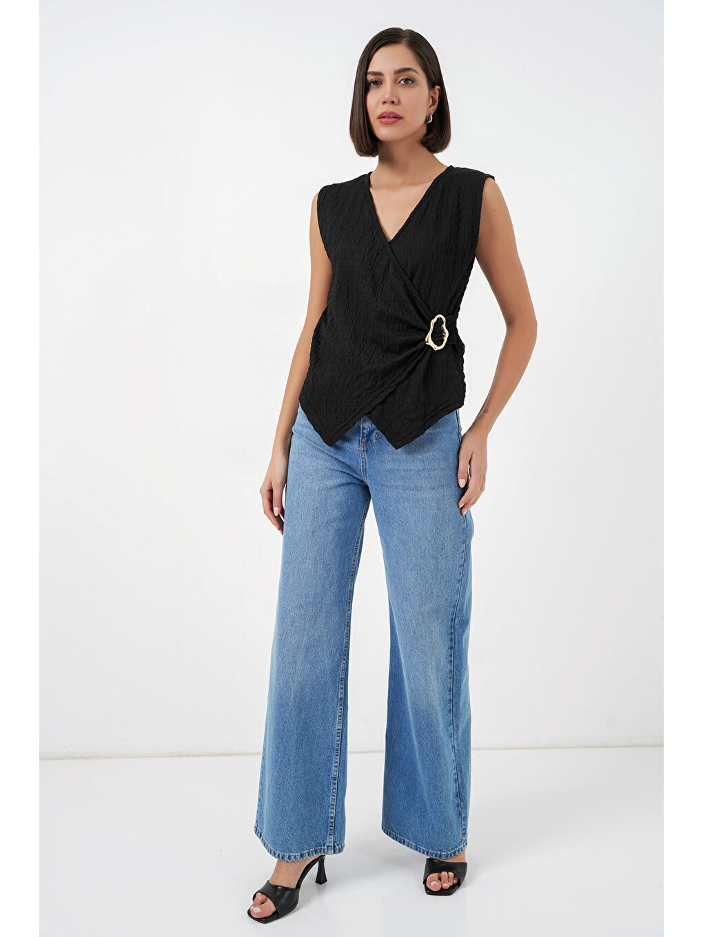 Kadın Sıfır Kol Örme Bluz 988 - Siyah-1