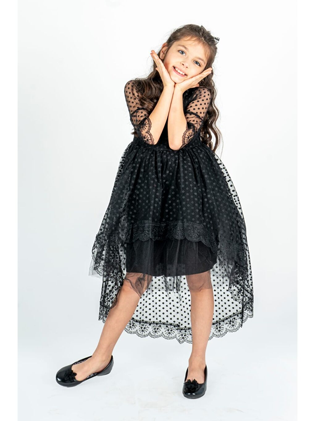 Siyah Kuyruklu Model Kız Çocuk Dantel Elbise MNK0482-5
