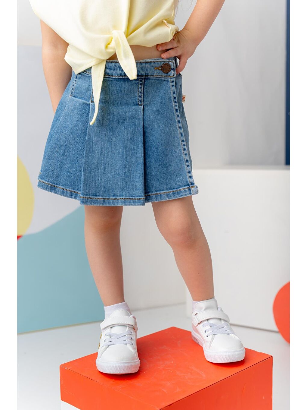 Kız Çocuk Denım Pileli Şort Etek - İndigo