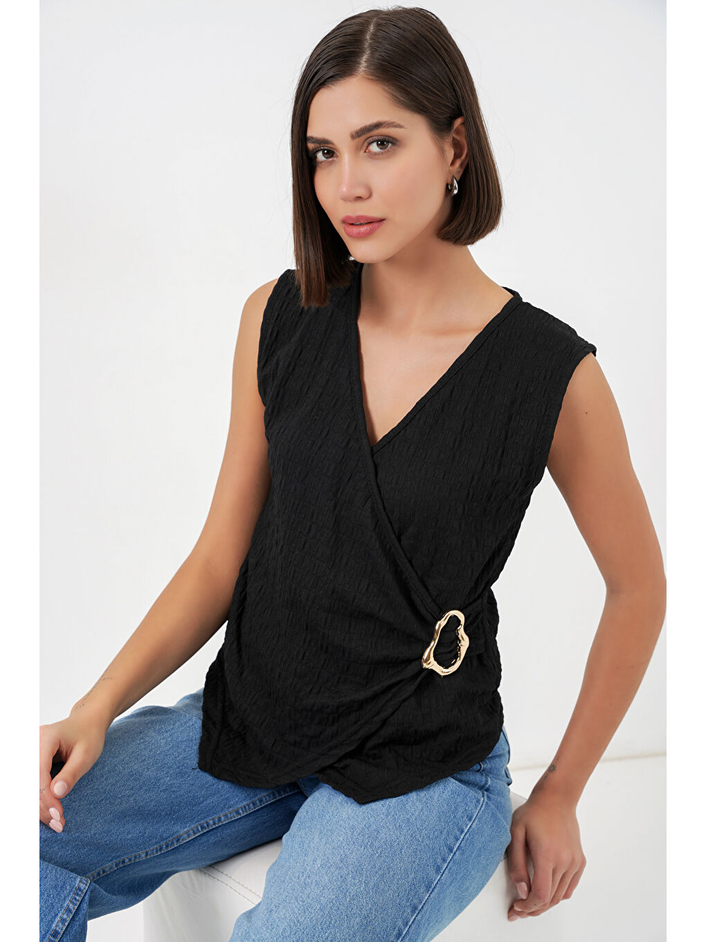 Kadın Sıfır Kol Örme Bluz 988 - Siyah-2