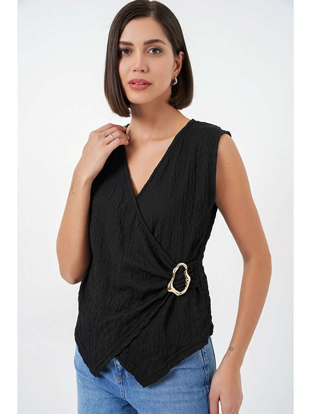 Kadın Sıfır Kol Örme Bluz 988 - Siyah-3