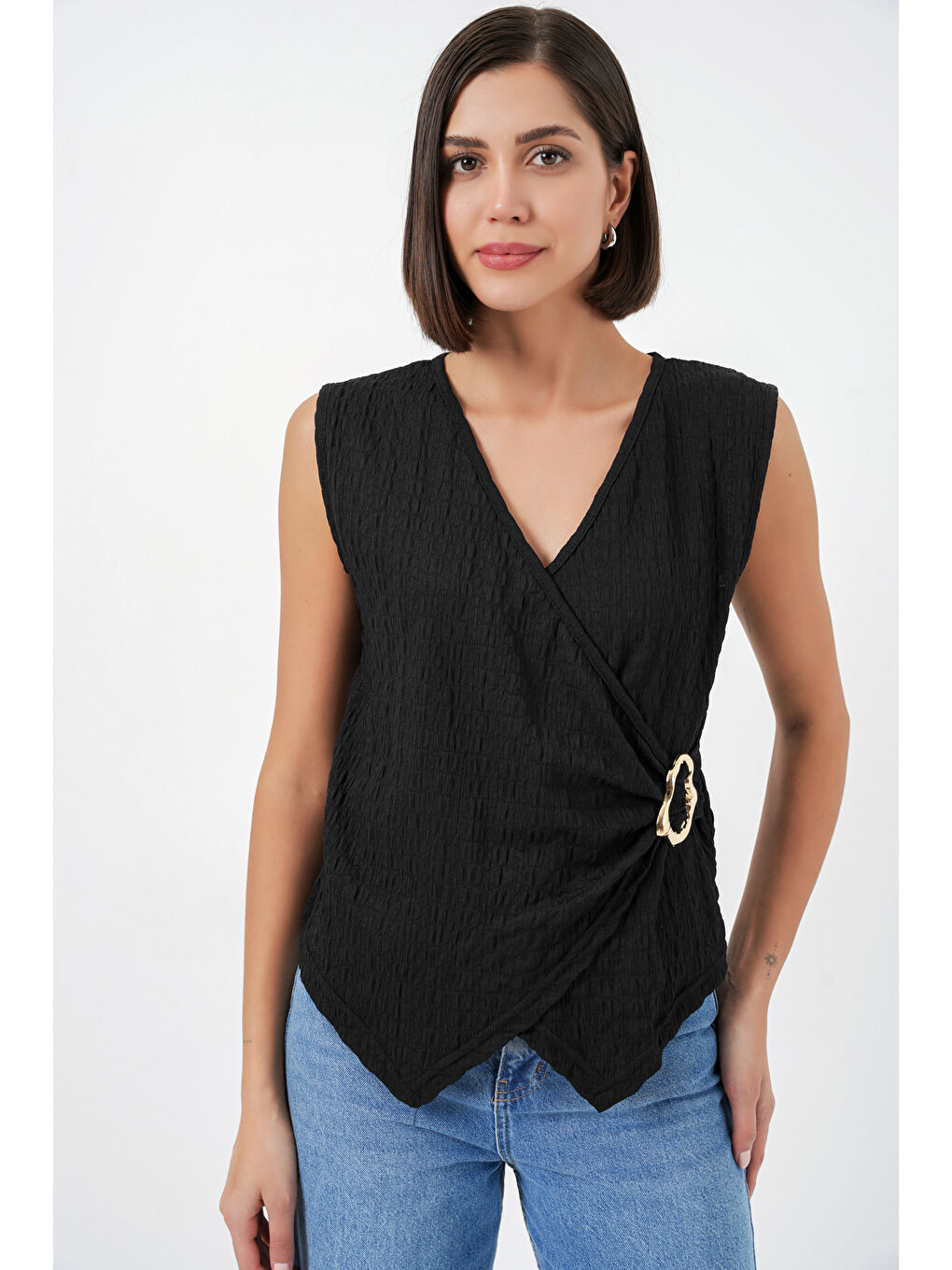 Kadın Sıfır Kol Örme Bluz 988 - Siyah-4