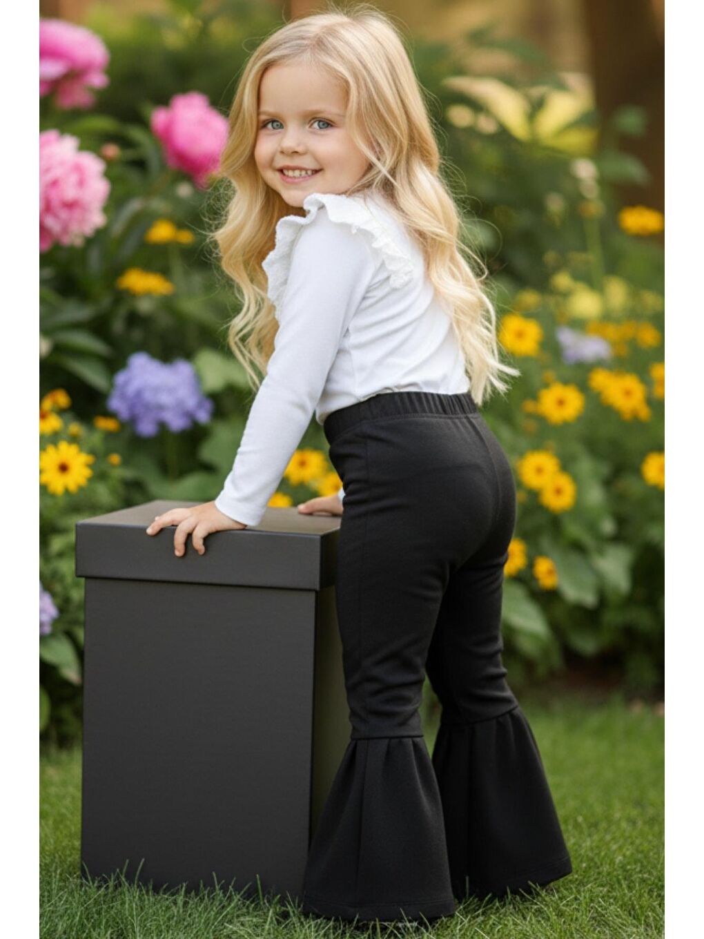 Kız Bebek Siyah İspanyol Paça Yüksek Bel Lastikli Tayt Pantolon-1