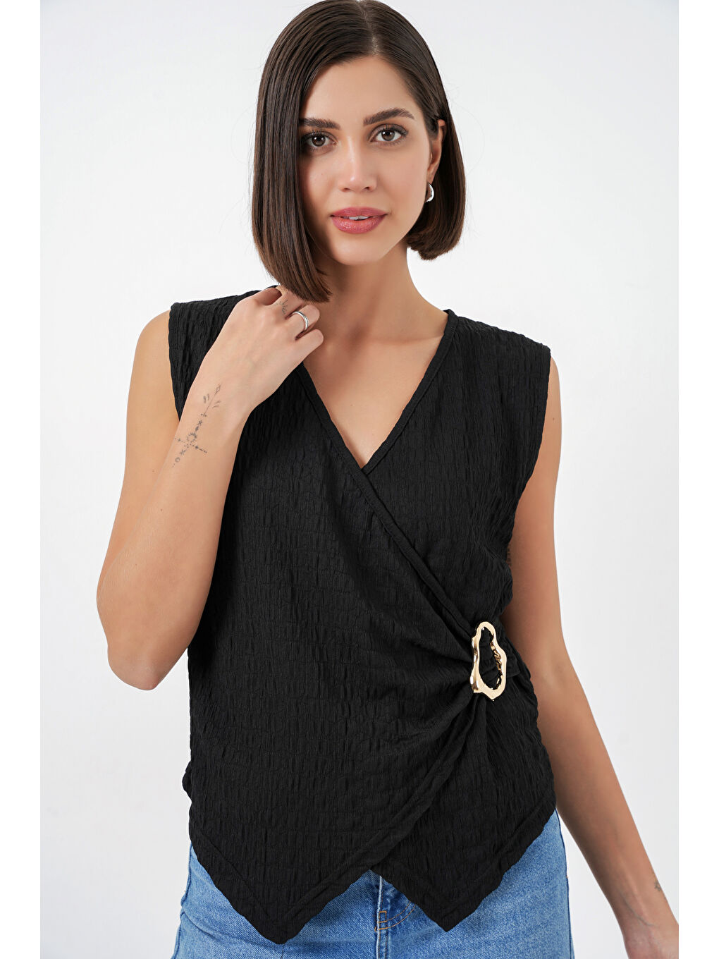 Kadın Sıfır Kol Örme Bluz 988 - Siyah-5