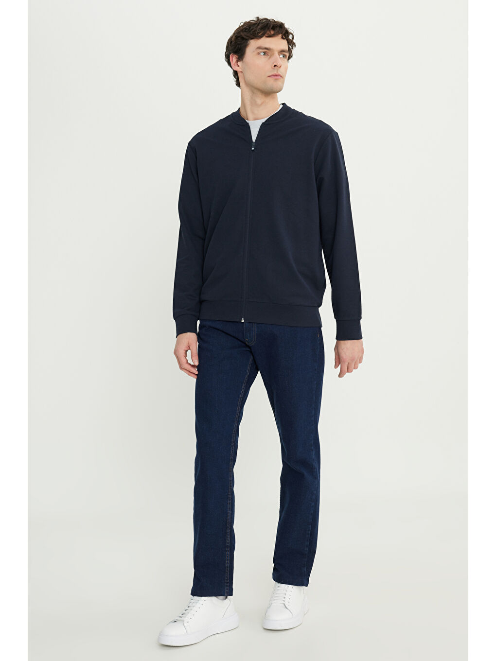 Erkek Lacivert Pamuklu Standart Fit Normal Kesim Kolej Yaka Yan Cep Sweatshirt-1