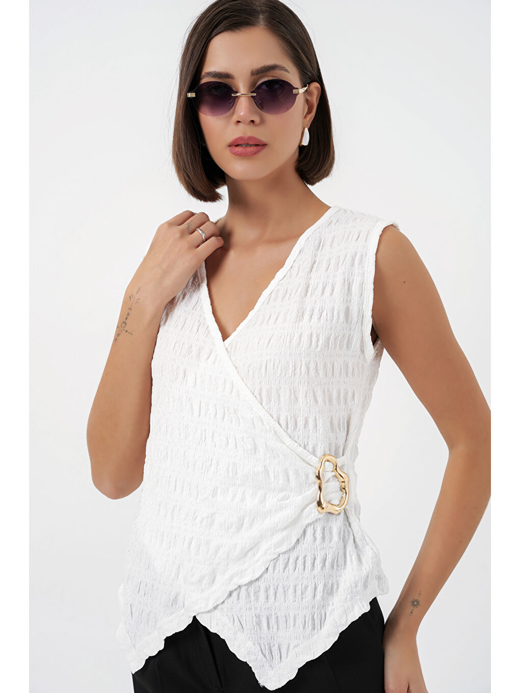 Kadın Sıfır Kol Örme Bluz 988 - Beyaz-3